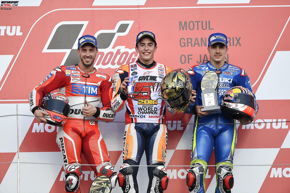 2016: 1. Marc Marquez (Honda), 2. Andrea Dovizioso (Ducati), 3. Maverick Vinales (Suzuki)