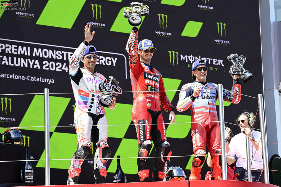 2024 (Barcelona 1): 1. Francesco Bagnaia (Ducati), 2. Jorge Martin (Pramac-Ducati), 3. Marc Marquez (Gresini-Ducati)
