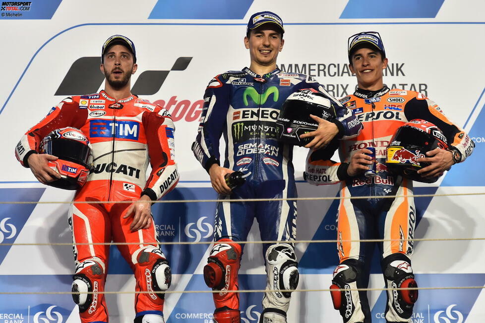 2016: 1. Jorge Lorenzo (Yamaha), 2. Andrea Dovizioso (Ducati), 3. Marc Marquez (Honda)