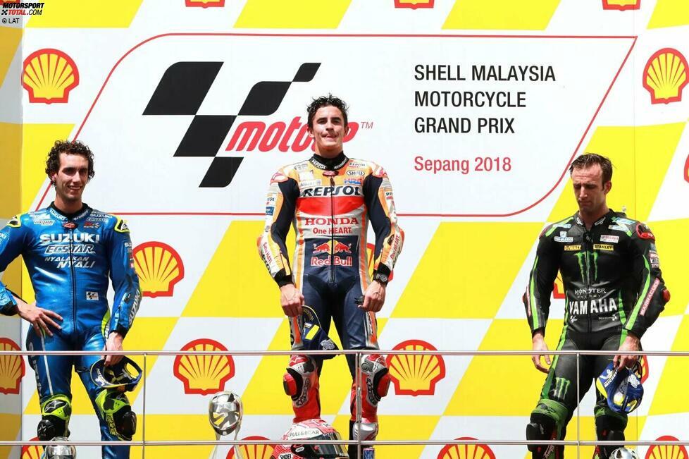 2018: 1. Marc Marquez (Honda), 2. Alex Rins (Suzuki), 3. Johann Zarco (Tech3-Yamaha)