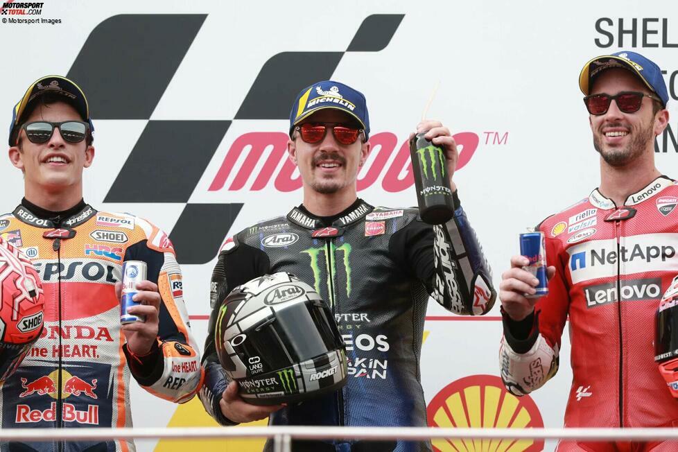 2019: 1. Maverick Vinales (Yamaha), 2. Marc Marquez (Honda), 3. Andrea Dovizioso (Ducati)