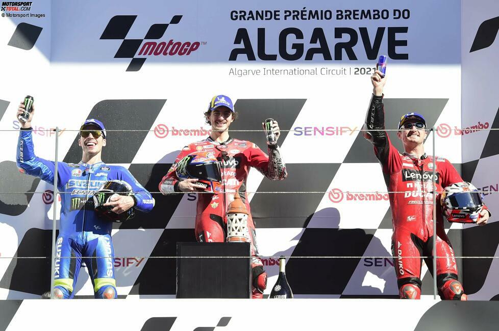 2021 (Portimao 2): 1. Francesco Bagnaia, 2. Joan Mir (Suzuki), 3. Jack Miller (Ducati)