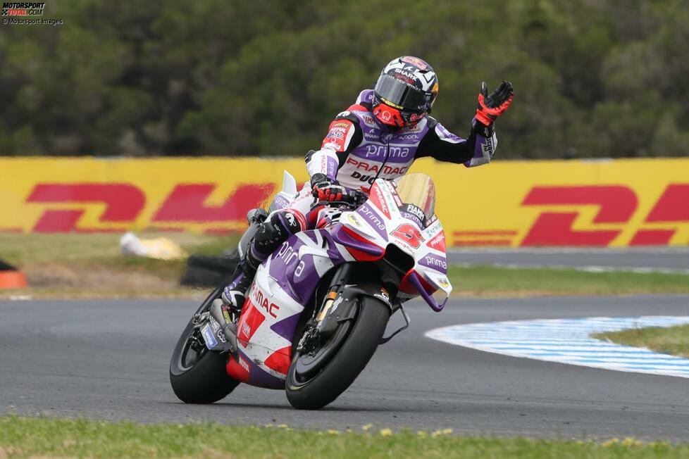 1: Mehr als 100 Rennen brauchte Johann Zarco, um endlich in der MotoGP zu gewinnen. Dabei schien der Grand Prix von Australien 2023 für Jorge Martin bestimmt, doch im letzten Teil gingen ihm die Reifen aus und sein Pramac-Teamkollege nutzte dies aus, um seinen ersten und bisher einzigen Sieg in der MotoGP zu erringen.