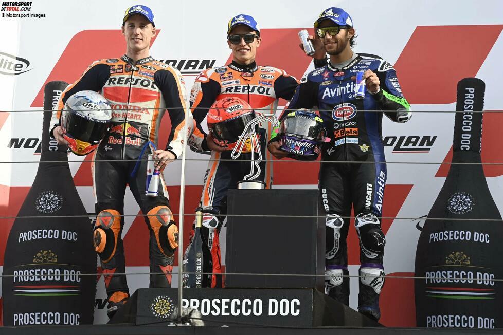 2021 (Misano 2:). 1. Marc Marquez (Honda), 2. Pol Espargaro (Honda), 3. Enea Bastianini (Esponsorama-Ducati)