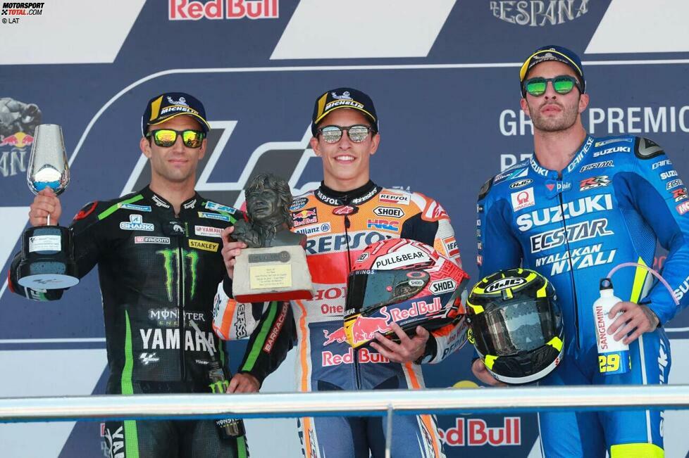 2018: 1. Marc Marquez (Honda), 2. Johann Zarco (Tech3-Yamaha), 3. Andrea Iannone (Suzuki)