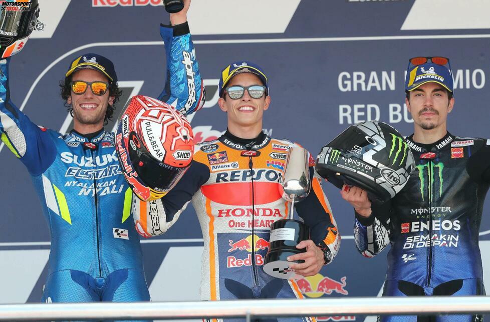 2019: 1. Marc Marquez (Honda), 2. Alex Rins (Suzuki), 3. Maverick Vinales (Yamaha)