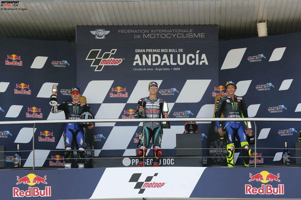 2020 (Jerez 2): 1. Fabio Quartararo (Petronas-Yamaha), 2. Maverick Vinales (Yamaha), 3. Valentino Rossi (Yamaha)