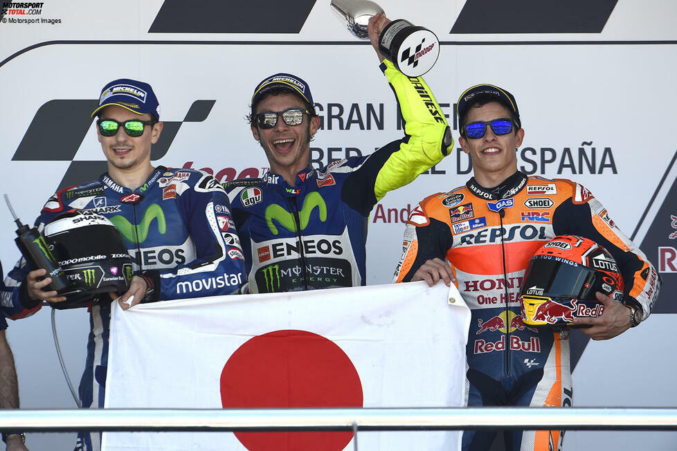 2016: 1. Valentino Rossi (Yamaha), 2. Jorge Lorenzo (Yamaha), 3. Marc Marquez (Honda)