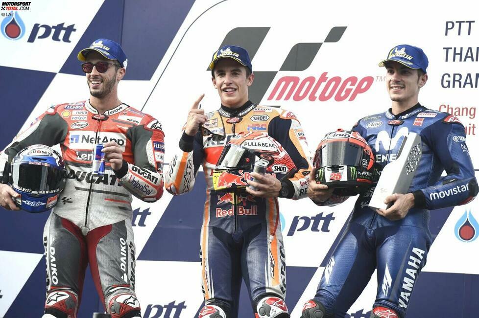 2018: 1. Marc Marquez (Honda), 2. Andrea Dovizioso (Ducati), 3. Maverick Vinales (Yamaha)