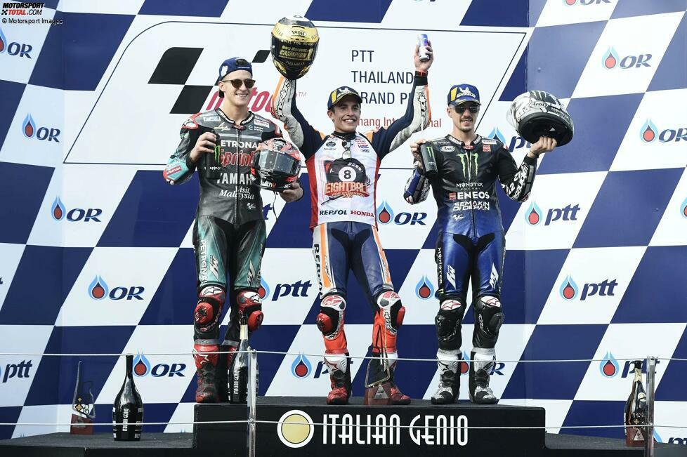 2019: 1. Marc Marquez (Honda), 2. Fabio Quartararo (Petronas-Yamaha), 3. Maverick Vinales (Yamaha)