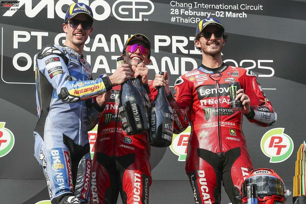 2024: 1. Marc Marquez (Ducati), 2. Alex Marquez (Gresini-Ducati), 3. Francesco Bagnaia (Ducati)