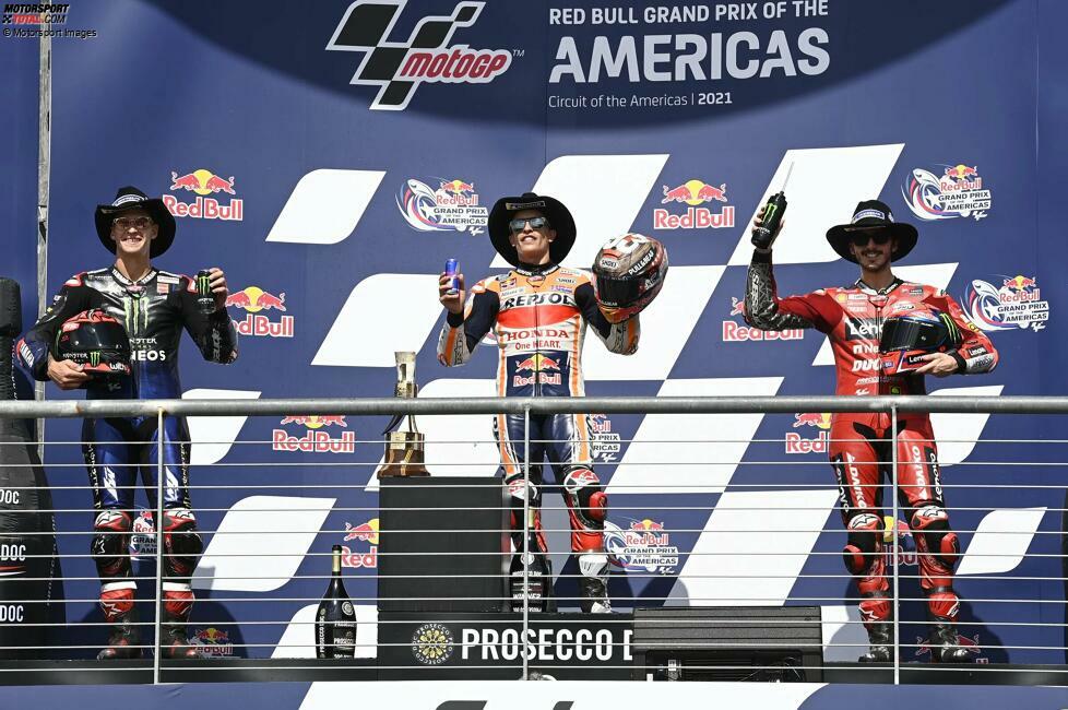 2021: 1. Marc Marquez (Honda), 2. Fabio Quartararo (Yamaha), 3. Francesco Bagnaia (Ducati)