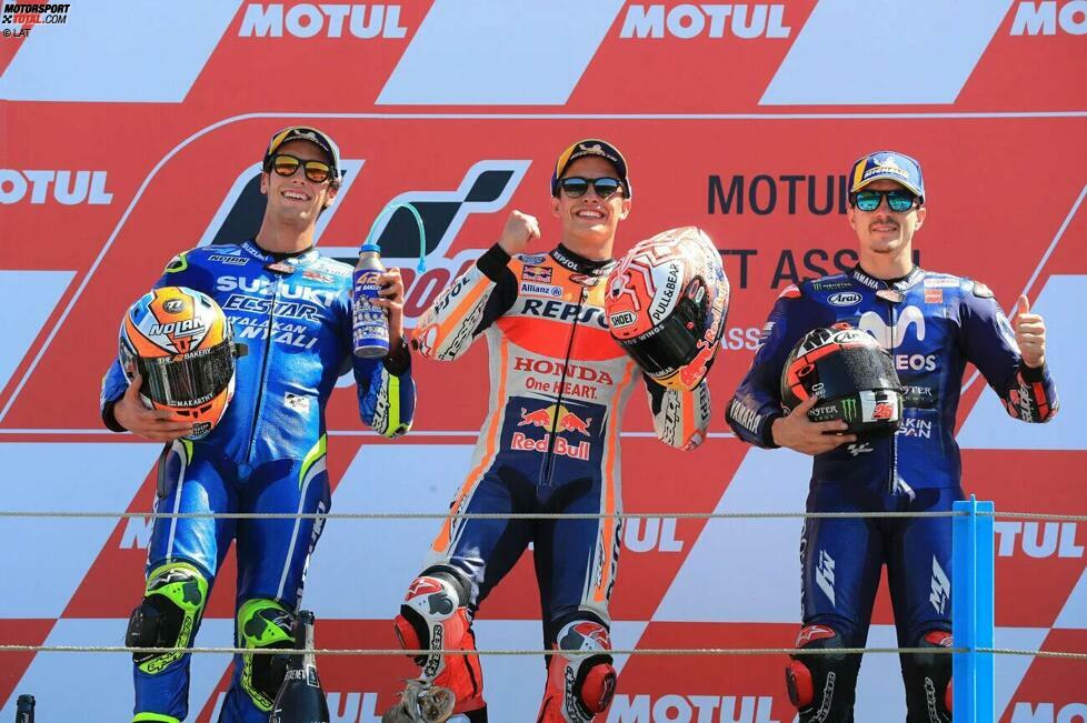2018: 1. Marc Marquez (Honda), 2. Alex Rins (Suzuki), 3. Maverick Vinales (Yamaha)
