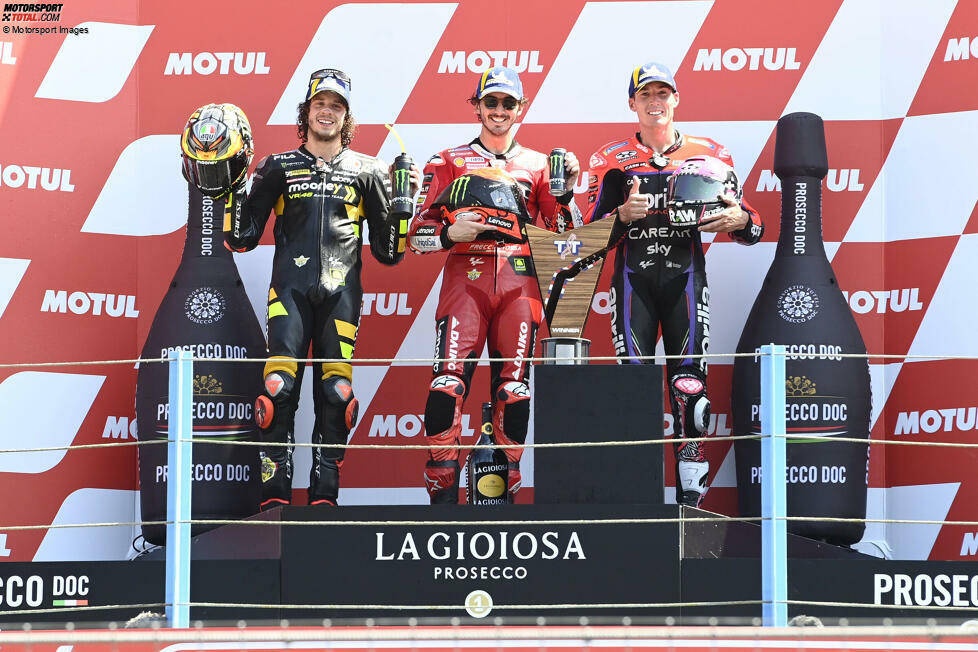 2023: 1. Francesco Bagnaia (Ducati), 2. Marco Bezzecchi (VR46-Ducati), 3. Aleix Espargaro (Aprilia)