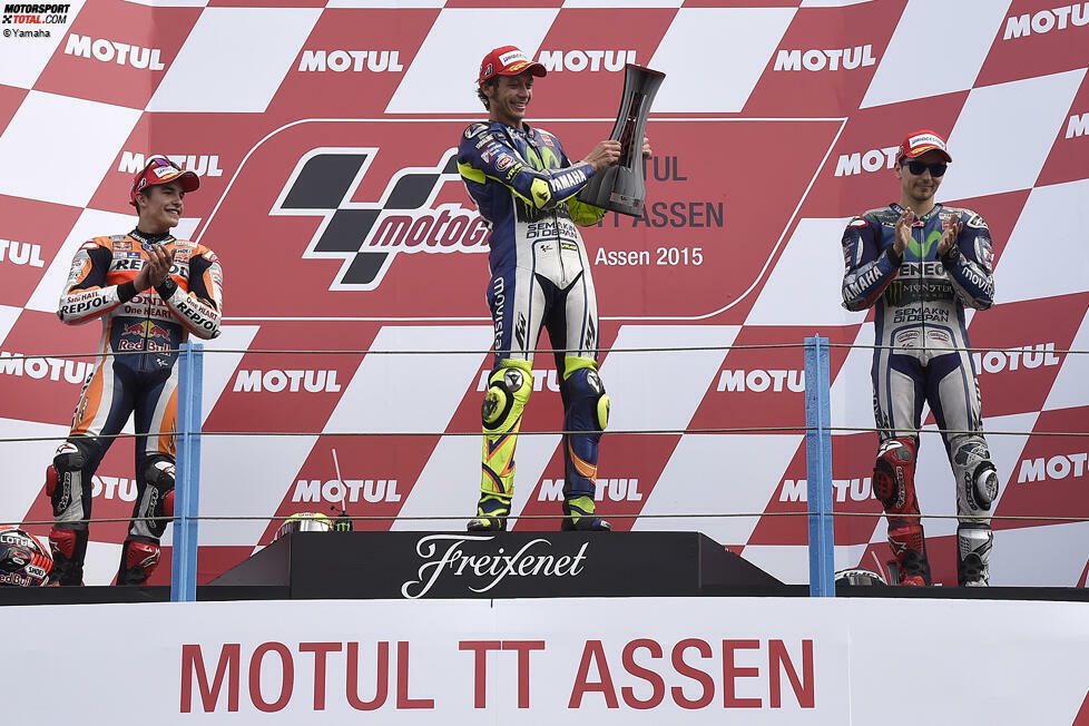 2015: 1. Valentino Rossi (Yamaha), 2. Marc Marquez (Honda), 3. Jorge Lorenzo (Yamaha)