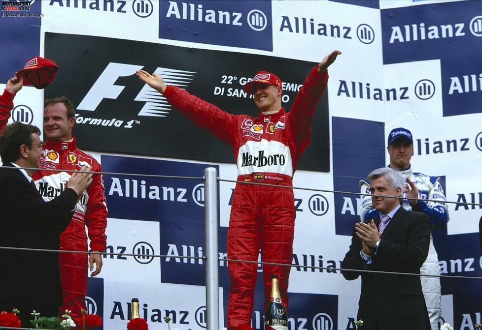 Die beste Podestquote - Michael Schumacher stand 2002 bei allen 17 Saisonrennen auf dem Podium. Und weil es unmöglich ist, eine Podestquote von mehr als 100 Prozent zu erreichen, hat 