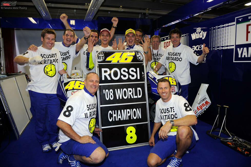 Auch 2006/7 mischt Rossi im WM-Kampf mit, muss sich aber mit Platz zwei und drei begnügen. Doch 2008 schlägt er zurück: Rossi setzt sich gegen Casey Stoner und Dani Pedrosa durch und wird mit seinem Sieg in Motegi drei Rennen vor Schluss Weltmeister. Saisonbilanz: 9 Siege in 18 Rennen, 373 Punkte