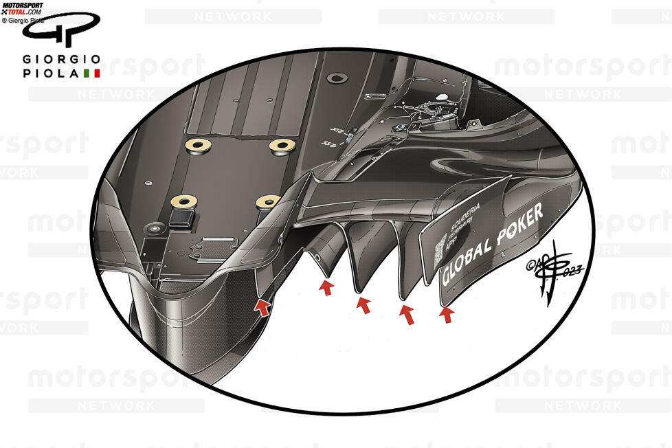 Die Vorderkante des Unterbodens des Ferrari SF-23 und die Luftleitbleche.