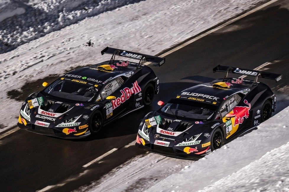 Abt sorgt bei der Präsentation des DTM-Programms 2025 mit Lamborghini und Red Bull für James-Bond-Flair: Donuts am Heliport und Verfolgungsjagd im Schnee!