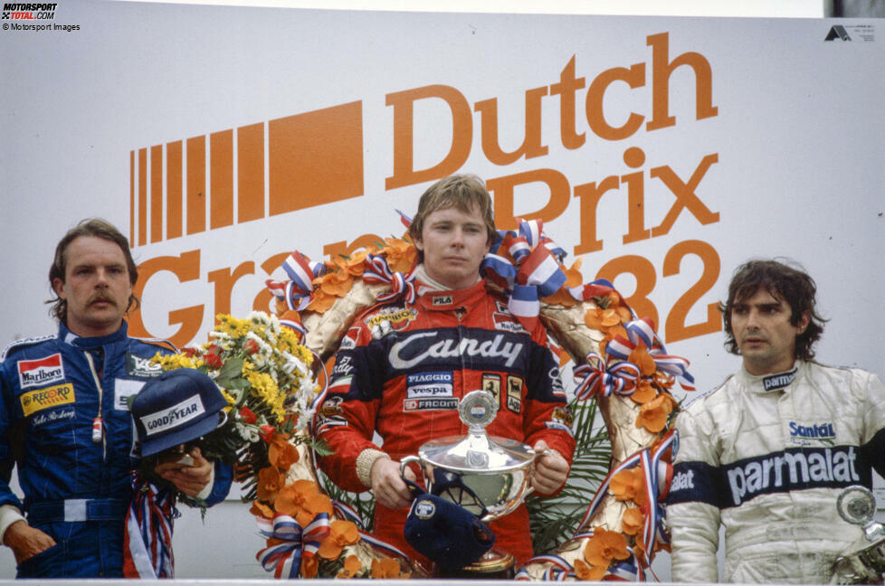 1982: Insgesamt elf Fahrer tragen sich im Saisonverlauf in die Formel-1-Siegerliste  ein, darunter (von links) der spätere Weltmeister Keke Rosberg, Didier Pironi und Nelson Piquet. Außerdem: Michele Alboreto, Rene Arnoux, Elio de Angelis, Niki Lauda, Riccardo Patrese, Alain Prost, Patrick Tambay und John Watson.