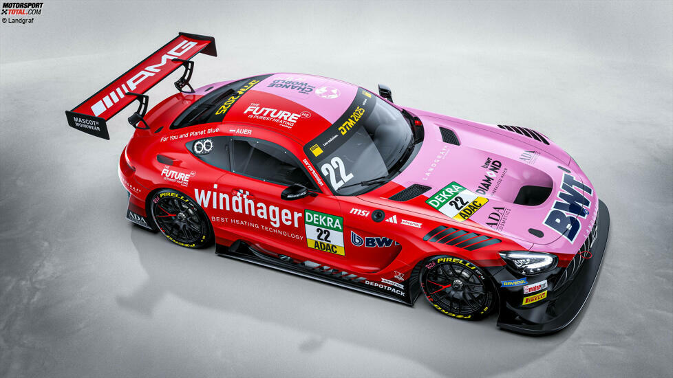 Allerdings nur auf einer Seite: Die andere Hälfte des Mercedes-AMG GT3 strahlt im markanten Rot von Partner Windhager, einem Hersteller von modernen Heizkesseln.