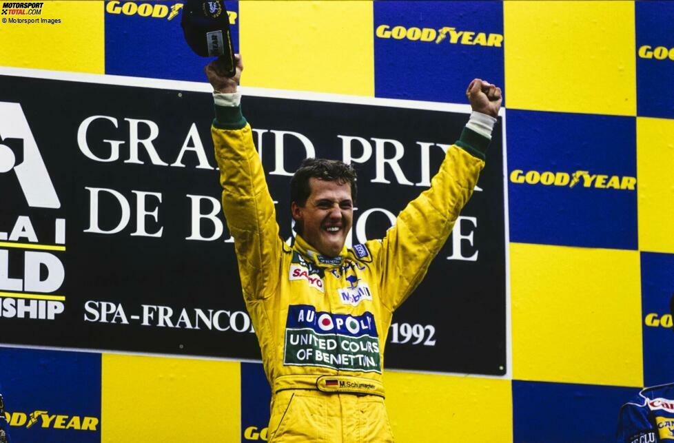 Michael Schumacher erzielt 1992 in Spa-Francorchamps seinen ersten Formel-1-Sieg. Bei Benetton stehen für ihn ...