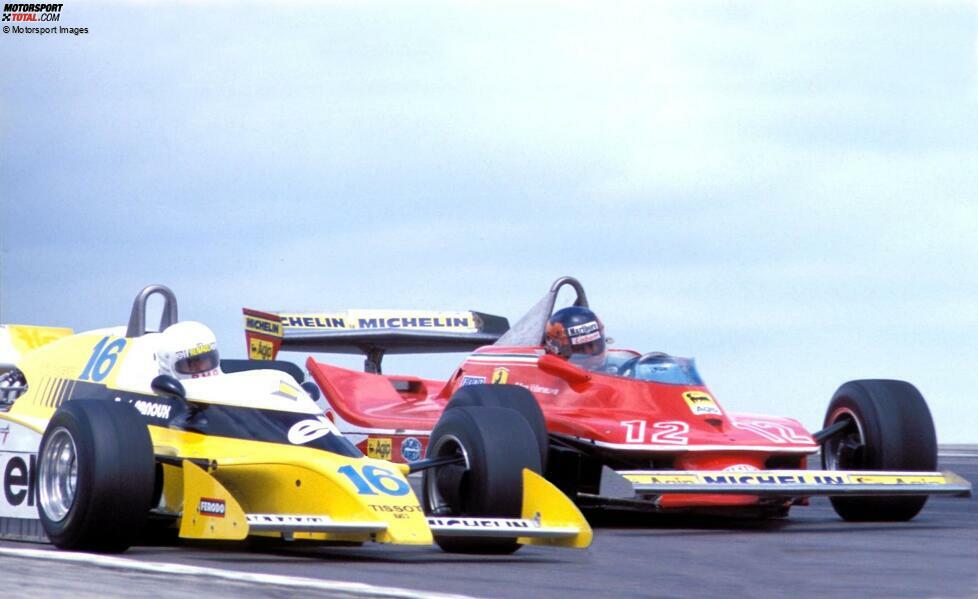 ... aufgrund seines epischen Duells mit Renault-Fahrer Rene Arnoux beim Frankreich-Grand-Prix in Dijon: Im Kampf um Platz zwei beharken sie sich über drei Runden hinweg, am Ende bleibt Villeneuve knapp vorne. Die WM hingegen ...