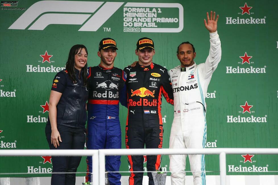 Der geringste Altersschnitt auf dem Podium: Grand Prix von Brasilien 2019 in Sao Paulo mit Max Verstappen (1.), Pierre Gasly (2.) und Carlos Sainz (nachträglich 3.) mit im Schnitt 23 Jahren, 8 Monaten und 13 Tagen