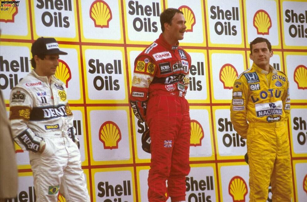 Spa-Francorchamps 1987: Nigel Mansell im Williams (Mitte) und Ayrton Senna im Lotus (rechts) geraten im Rennen aneinander und Mansell fliegt ab. Später stellt Mansell Senna in der Lotus-Box zur Rede und wird handgreiflich, aber die Mechaniker können Schlimmeres verhindern.