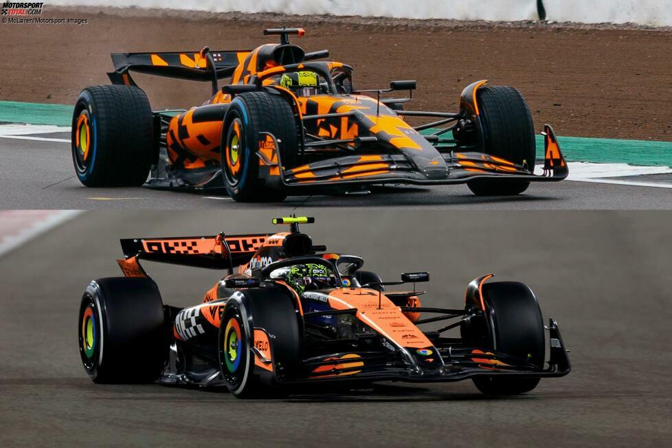 Hier ein erstes Vergleichsbild: Oben der nun vorgestellte McLaren MCL39 für 2025, unten der McLaren MCL38 aus der Saison 2024, wie er beim Saisonfinale in Abu Dhabi gefahren wurde. Die Unterschiede liegen im Detailbereich.