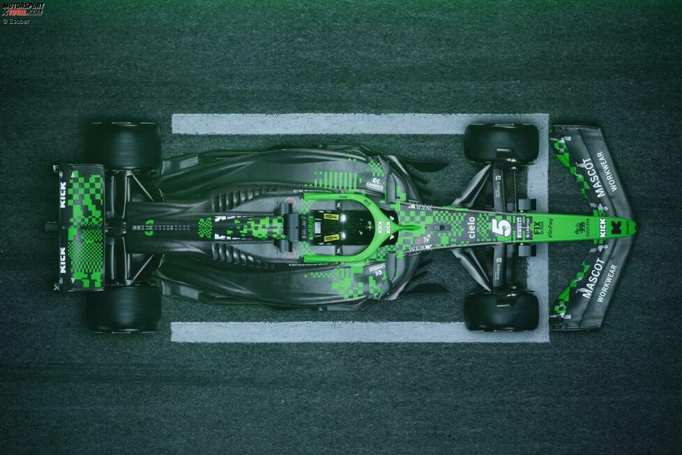 ... in Barcelona geometrische Formen auf dem C45. Es bleibt aber bei mehrheitlich Schwarz mit ein bisschen Grün - den Sauber-Hauptfarben 2025.