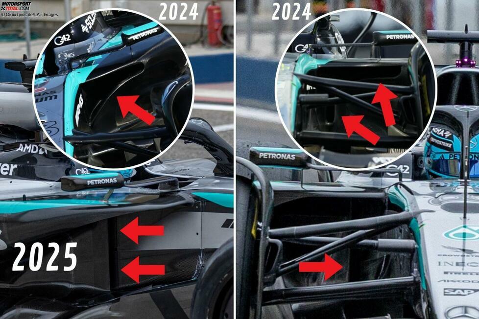 Mercedes lehnt sich beim Lufteinlass im Seitenkasten deutlich an das Red-Bull-Design an: Zu Saisonbeginn 2024 verfolgte es noch ein eigenes Konzept (oben links), wechselte später im Jahr aber auf eine Zwischenlösung (oben rechts), die nun einem vertikalen und einem horizontalen 