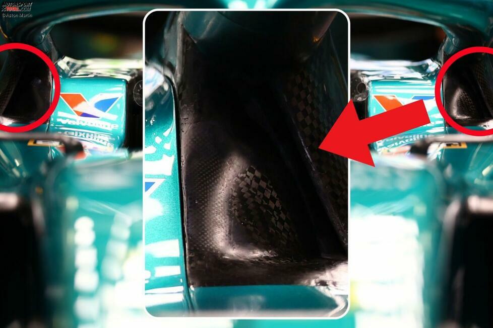 Aston Martin hat am AMR25 zusätzliche Lufteinlässe am Ansetzpunkt des Cockpitschutzes Halo installiert (siehe Kreise und Vergrößerung in der Mitte). Bislang ist unklar, wozu diese Lufteinlässe genau dienen - vermutlich der Kühlung bestimmter Komponenten.