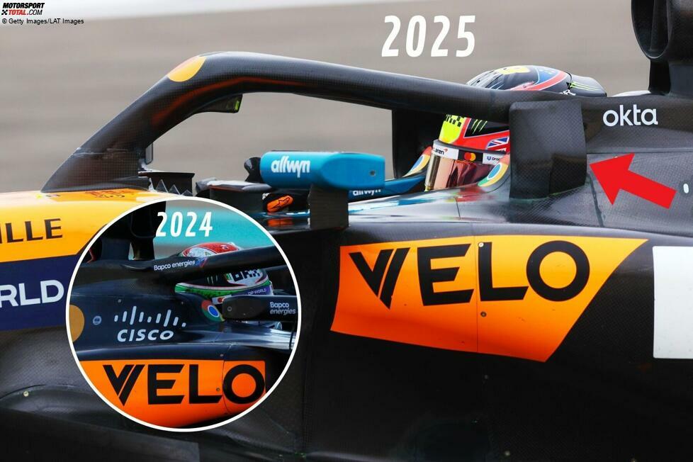 McLaren setzt 2025 erstmals auf Cockpit-Winglets, die im unteren Teil zweigliedrig sind. Wie bei Aston Martin und Ferrari geht es auch für McLaren darum, den Luftstrom über die Motorhaube hin zum Heckflügel zu optimieren.