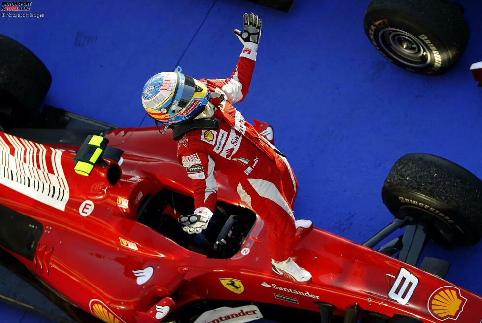 Fernando Alonso (Bahrain 2010) - Räikkönens direkter Nachfolger ist 2010 der bislang letzte Fahrer, der gleich sein erstes Ferrari-Rennen gewinnt. Er siegt beim Saisonauftakt 2010 in Sachir und gewinnt im Verlauf des Jahres noch vier weitere Rennen. Zum WM-Titel reicht es allerdings nicht, denn ...