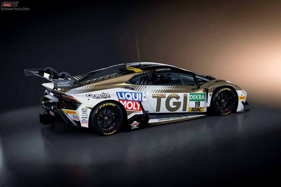 Die Heckpartie von Engstlers Lamborghini ist weiß beklebt - auch sein Sponsor Liqui Moly ist wieder an Bord.
