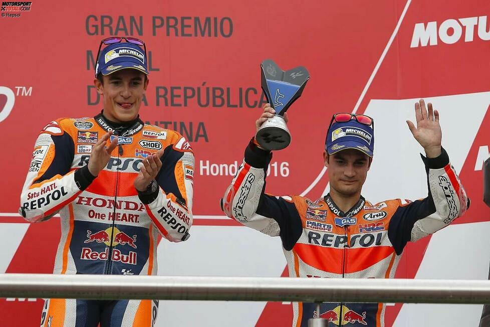 2016: 1. Marc Marquez (Honda), 2. Valentino Rossi (Yamaha), 3. Dani Pedrosa (Honda)