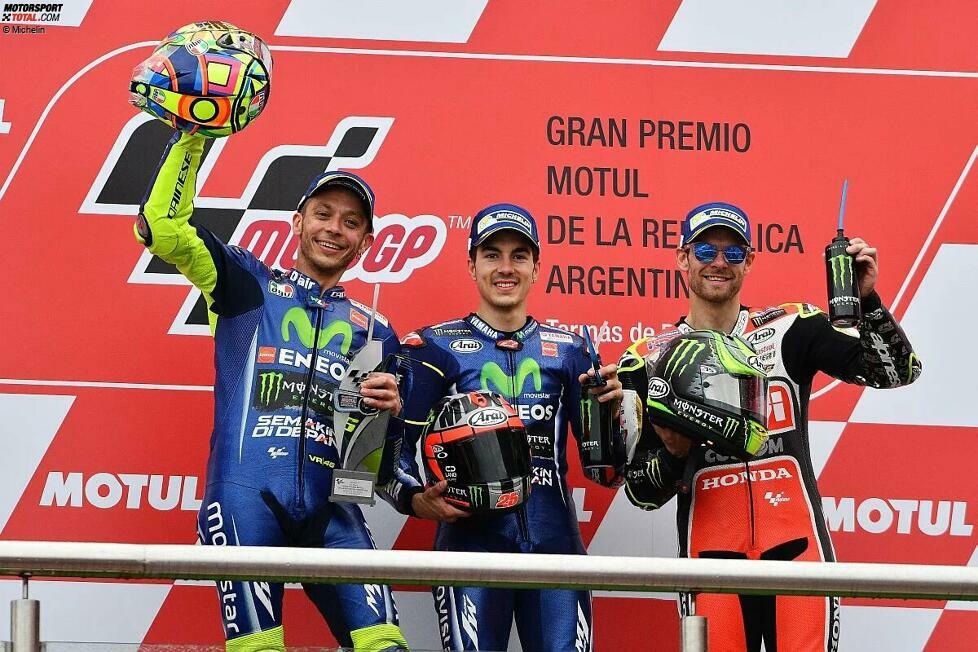2017: 1. Maverick Vinales (Yamaha), 2. Valentino Rossi (Yamaha), 3. Cal Crutchlow (LCR-Honda)