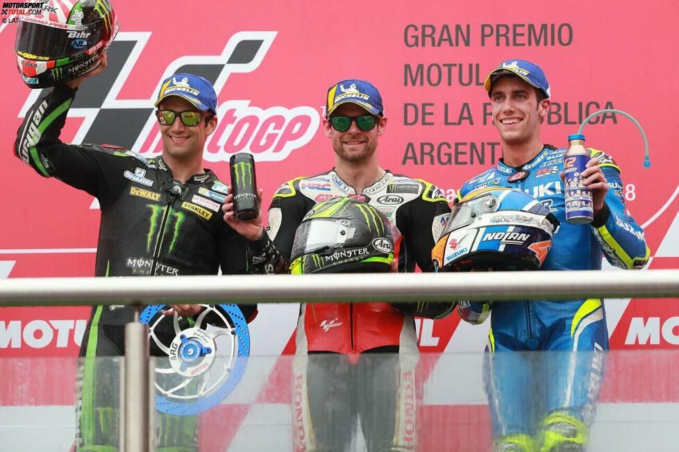2018: 1. Cal Crutchlow (LCR-Honda), 2. Johann Zarco (Tech3-Yamaha), 3. Alex Rins (Suzuki)