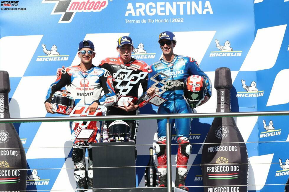 2022: 1. Aleix Espargaro (Aprilia), 2. Jorge Martin (Pramac-Ducati), 3. Alex Rins (Suzuki)