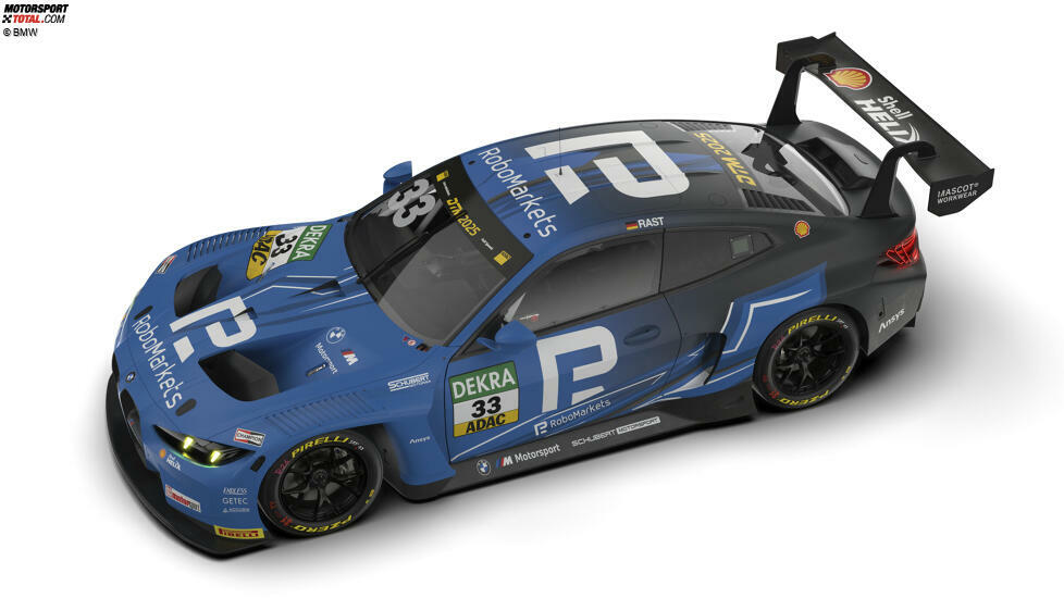 Ebenso wie bei Rene Rast: Der dreifache DTM-Champion fährt auch 2025 den schwarz-blauen BMW von Partner RoboMarkets.
