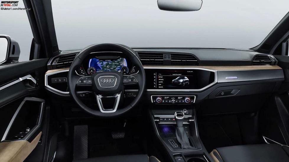Das Cockpit des neuen Q3: Klassische Instrumente mit physischen Zeigern gibt es nicht mehr, stattdessen wird stets ein Instrumentendisplay eingebaut. Die Basisversion hat ein kleines (10,25 Zoll, wie im Polo), optional gibt es ein großes (12,3 Zoll, wie im Tiguan). Statt der runden Luftausströmer mit den satt rastenden Reglern in der Mitte, die wir vom Audi A3 kennen, hat der Q3 rechteckige. Schade, aber das passt besser zu den übrigen eckigen Formen im Cockpit. Was am Armaturenbrett noch auffällt, ist das schmale, mit flauschigem Alcantara bezogene Sims am Armaturenbrett (hier in Beige) -- das gab es bei Audi bisher noch nicht.