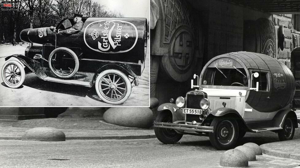 Carlsberg-Biertransporter mit eher seltsamen Formen: Bereits in den 1920er Jahren tauchten flaschenförmige Autos in der Öffentlichkeit auf, wie der 1914er Ford Model T, den F.Bülow & Co für Carlsberg umbauten. 1931 ließ man einen Chevrolet in ein rollendes Fass umbauen. Der 
