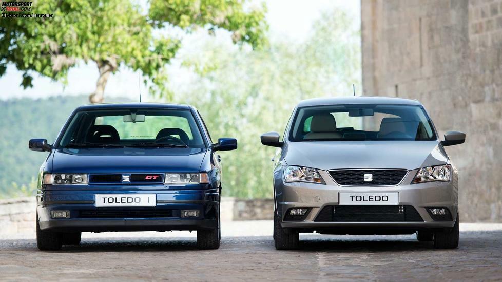 Im direkten Frontalvergleich des Seat Toledo I mit seinem Enkel, dem Toledo IV, fällt es nicht so sehr auf: Doch das jüngste Modell ist 16 Zentimeter länger als sein Urahn.