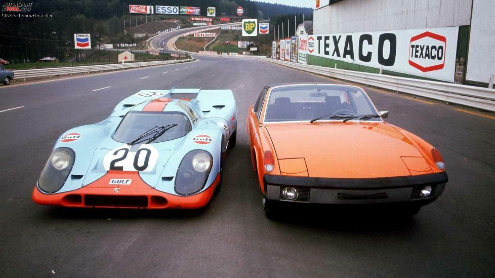 Doppeljubiläum bei Porsche: 1969 debütierten sowohl der gigantische Rennwagen 917 als auch der gemeinsam mit VW entwickelte 914. Während der sehr modern gezeichnete 914 später in Vergessenheit geriet, wurde der 917 durch seine Le-Mans-Siege 1970 und 1971 zum Mythos.