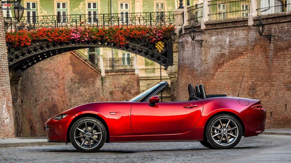 Ein Klassiker ist der Mazda MX-5, er gehört seit 30 Jahren zu den günstigen und begehrenswerten Roadstern. Die Klappscheinwerfer sind zwar längst Geschichte, aber das das Auto hat sich auch viel von dem puristischen Charme bewahrt. So lässt sich das Stoffverdeck nach wie vor ruckzuck einfach mit der Hand schließen, wenn es plötzlich zu regnen anfängt.
Ein Nachteil des MX-5 ist für uns, dass es keinen Turbobenziner gibt, locker aus dem Drehzahlkeller herausbeschleunigen funktioniert also nicht so gut wie beim (kürzlich eingestellten) Fiat/Abarth 124 Spider mit 1,4-Liter-Turbo. Bei Mazda kann man wählen zwischen einem 1,5-Liter und einem 2,0-Liter. Aus Kostengründen kommt hier primär der kleinere Motor in Frage. Damit gibt es das Auto für rund 30.000 Euro.