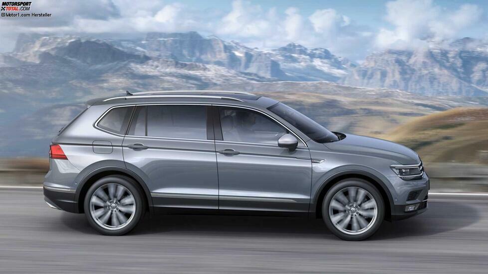 Last but not least der VW Tiguan Allspace, das dritte große SUV aus dem VW-Konzern: Dieses Modell lässt seine Verwandtschaft mit dem Tiguan schon im Namen erkennen. Beide Modelle basieren auf dem MQB, der Allspace ist jedoch etwa 20 Zentimeter länger; beim Radstand sind etwa elf Zentimeter Unterschied. Ein Facelift wie beim Tiguan ist offenbar nicht geplant; auch von einer Elektrifizierung ist zumindest derzeit noch nichts zu hören. 
Anders als Seat und Skoda gibt es bei VW noch ein größeres SUV, den Touareg, der aber (als Schwestermodell von Porsche Cayenne und Audi Q7) schon in die Oberklasse gehört. Ein weiterer Unterschied ist, dass VW sein SUV nur mit drei Motoren anbietet; der starke 2.0 TSI fehlt. gebaut wird der VW Tiguan Allspace übrigens ausschließlich in Mexiko.

Motoren: 1 Turbobenziner, 2 Diesel
Antrieb: Front- oder Allradantrieb
Länge: 4,70 Meter
Kofferraum des Fünfsitzers: 760-1.920 Liter 
Marktstart: Herbst 2017 (1. Generation)