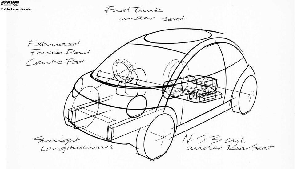 Benzintank unter den Sitzen, Dreízylinder unter der Rücksitzbank: Eine Skizze im Stile von Alec Issigonis, der 1988 gestorben war, zeigte das Raumkonzept.  Die Seitenansicht erinnert hier ein wenig an den VW New Beetle, der 1997 vorgestellt wurde.