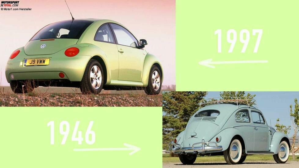 Natürlich kann man zu Beginn dieser Übersicht das Kultauto schlechthin, den VW Käfer, nicht ignorieren. Der Ur-Käfer, entworfen von Ferdinand Porsche im Auftrag von Adolf Hitler, wurde 1938 vorgestellt und ging acht Jahre später in Serie.
Bis heute ist der Käfer, dessen Produktion in Deutschland 1978 und in Mexiko erst 2003 beendet wurde, das meistproduzierte Auto ohne große Designüberarbeitung. Die Gesamtauflage übersteigt 21,5 Millionen Exemplare.
Das ganz neue Modell in der Optik des Käfer wurde 1997 vorgestellt. Das Auto erhielt den Namen New Beetle (ab 2011 nur noch Beetle) und hatte technisch nichts mit dem Original gemeinsam. Motor vorne plus Frontantrieb statt Heckmotor. Und so blieb das nostalgische Remake weit von der Popularität des Vorgängers entfernt. 2019 wurde der letzte VW Beetle gebaut.