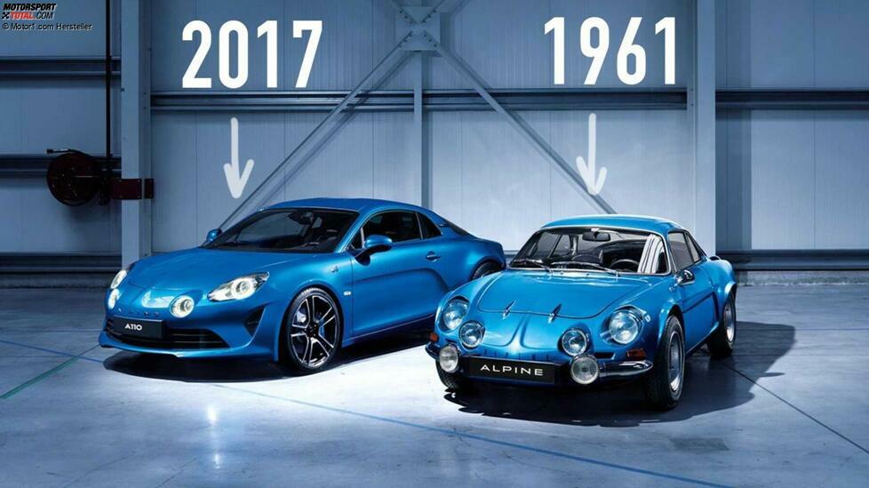 Bei ihrem Debüt im Jahr 1961 sorgte die Alpine A110 für Furore - und das nicht nur wegen des prächtigen Designs. Durch sein bescheidenes Gewicht konnte das winzige Coupé förmlich in Kurven hineingeworfen werden. Kein Wunder, dass die A110 Anfang der 1970er-Jahre die Rallye-WM aufmischte.
Im Jahr 2017 kehrte das Modell A110 zurück - vier Jahrzehnte nach Produktionsende. Das knapp über eine Tonne schwere Mittelmotor-Coupé hat einen 252 PS starken 1,8-Liter-Turbovierzylinder erhalten, mit dem es in 4,5 Sekunden auf 100 km/h kommt.  Nicht nur beim Mittelmotor ist sich die A110 treu geblieben, auch das Design der Neuauflage erinnert stark an das historische Vorbild.